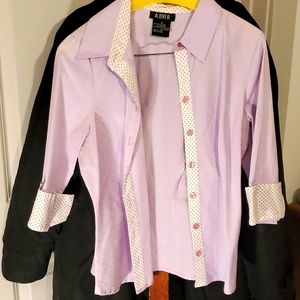 Light purple blouse with polka dots on 3 quarter sleeves